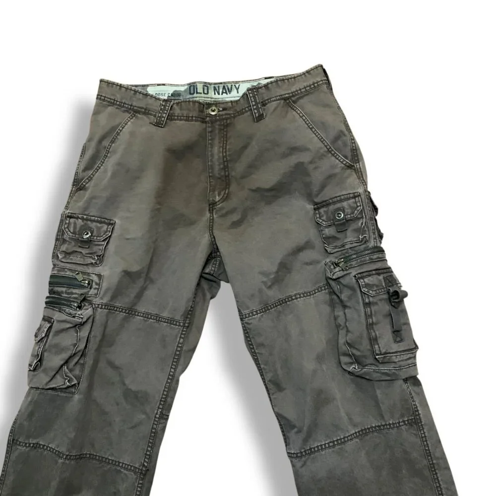 Old Navy Mena Gray Cargo Pants Multiple Pockets Relaxed Fit Sz 34.5 100% Cotton‎